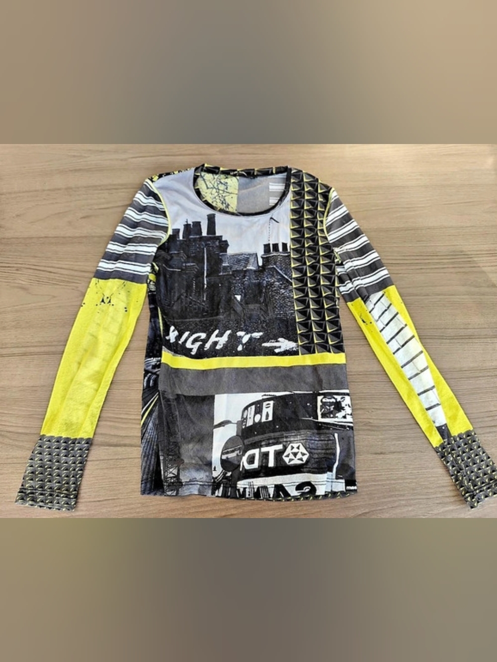 Y2K Marc Aurel Graphic Mesh Long Sleeve Top in Black & Yellow